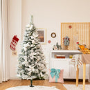 Snow Flocked Christmas Pencil Tree with Berries and Poinsettia Flowers-5 ft