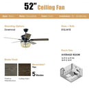 52" Retro Ceiling Fan Light with Reversible Blades Remote Control-Black