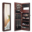 Lockable Wall Door Mounted Mirror Jewelry Cabinet w-LED Lights-Brown