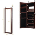 Lockable Wall Door Mounted Mirror Jewelry Cabinet w-LED Lights-Brown