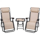 3 Pieces Folding Portable Zero Gravity Reclining Lounge Chairs Table Set-Beige