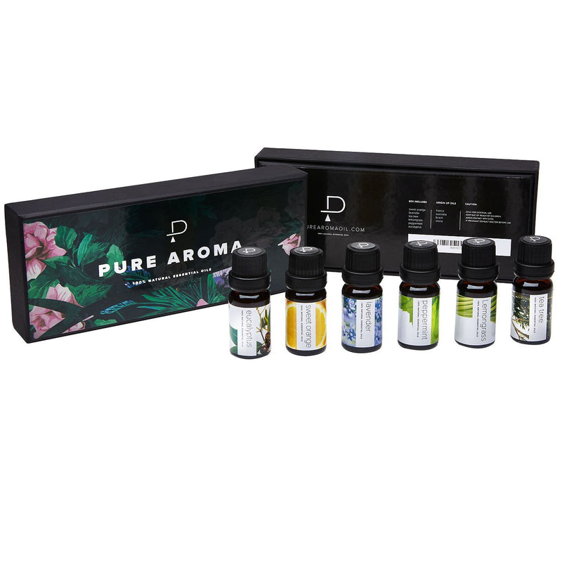 Essential Oils by PURE AROMA 100% Pure Therapeutic Grade Oils kit- Top 6 Aromatherapy Oils Gift Set-6 Pack, 10ML(Eucalyptus, Lavender, Lemon Grass, Orange, Peppermint, Tea Tree)