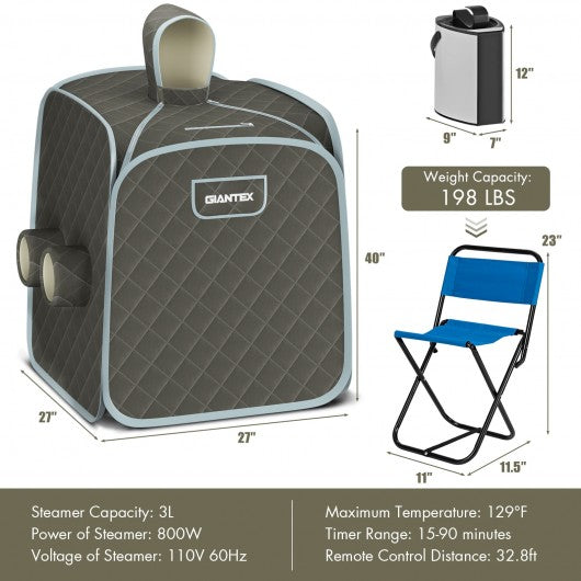 800W 2 Person Portable Steam Sauna Tent SPA with Hat Side Holes 3L Steamer-Gray