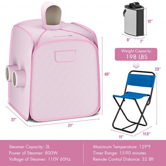 800W 2 Person Portable Steam Sauna Tent SPA with Hat Side Holes 3L Steamer-Pink