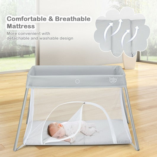 Lightweight Foldable Baby Playpen w- Carry Bag-Light Gray
