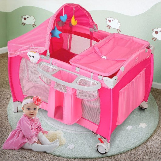 Foldable Baby Crib Playpen w- Mosquito Net and Bag-Pink