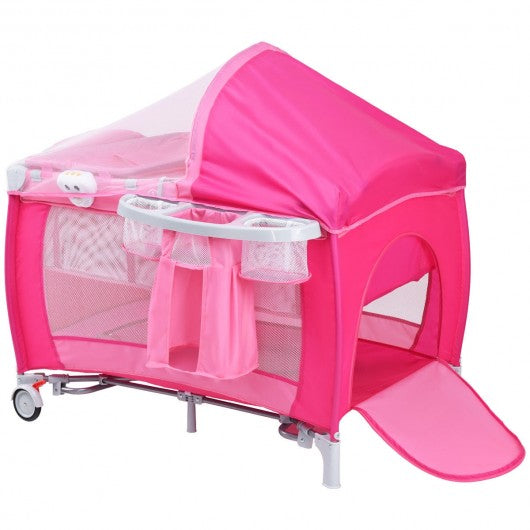 Foldable Baby Crib Playpen w- Mosquito Net and Bag-Pink