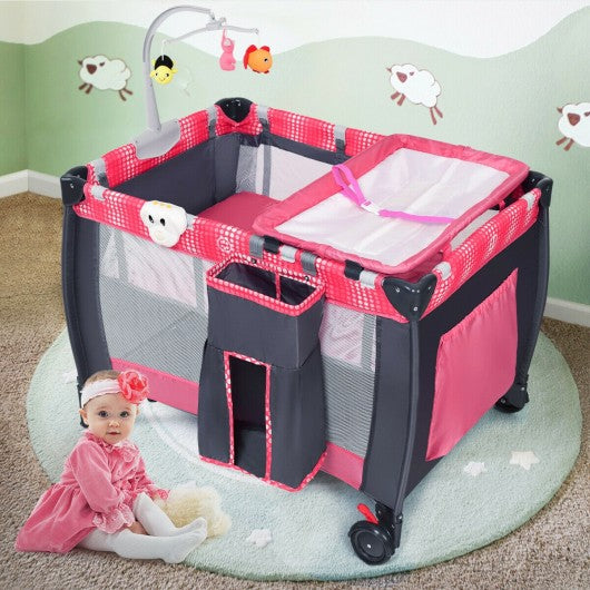 Foldable Travel Baby Crib Playpen Infant Bassinet Bed w- Carry Bag-Pink