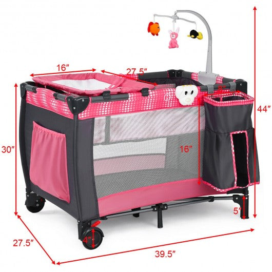 Foldable Travel Baby Crib Playpen Infant Bassinet Bed w- Carry Bag-Pink