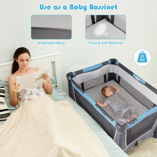 4-in-1 Convertible Portable Baby Play yard with Toys and Music Player-Blue