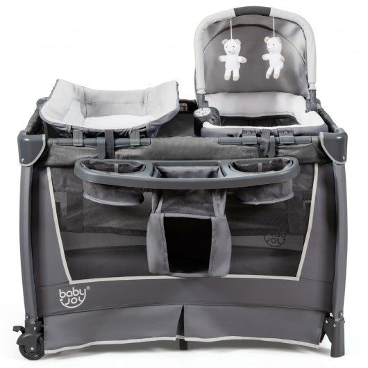 4-in-1 Convertible Portable Baby Play yard with Toys and Music Player-Gray