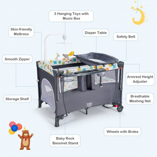 5 in 1 Baby Nursery Center Foldable Toddler Bedside Crib with Music Box