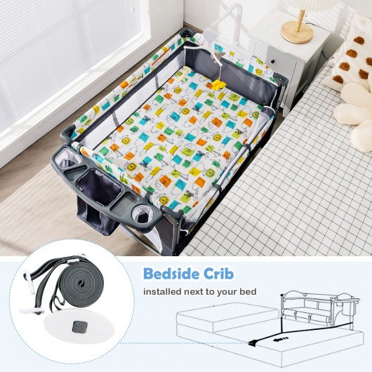 5 in 1 Baby Nursery Center Foldable Toddler Bedside Crib with Music Box