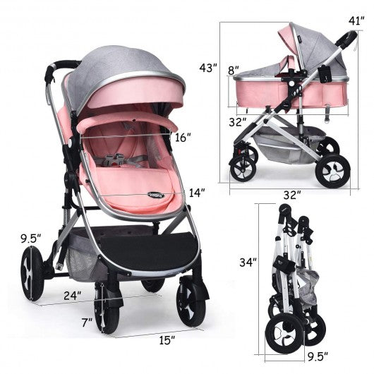 2 in 1 High Landscape Convertible Reversible Bassinet Pram-Pink