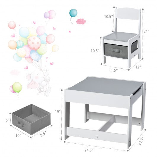 Kids Table Chairs Set With Storage Boxes Blackboard Whiteboard Drawing-White