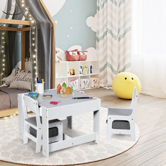Kids Table Chairs Set With Storage Boxes Blackboard Whiteboard Drawing-White