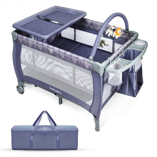 Portable Foldable Baby Playard Nursery Center with Changing Station-Gray
