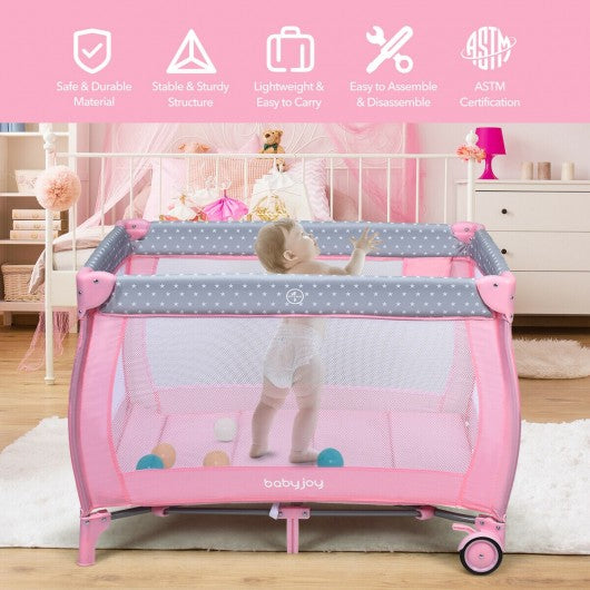 Portable Foldable Baby Playard Nursery Center with Changing Station-Pink