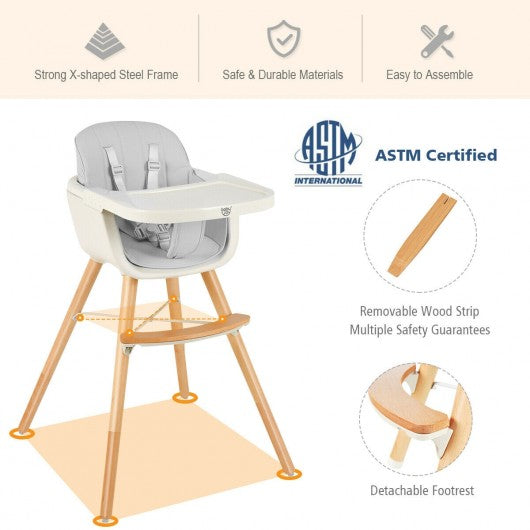 3 in 1 Convertible Wooden High Chair with Cushion-Gray
