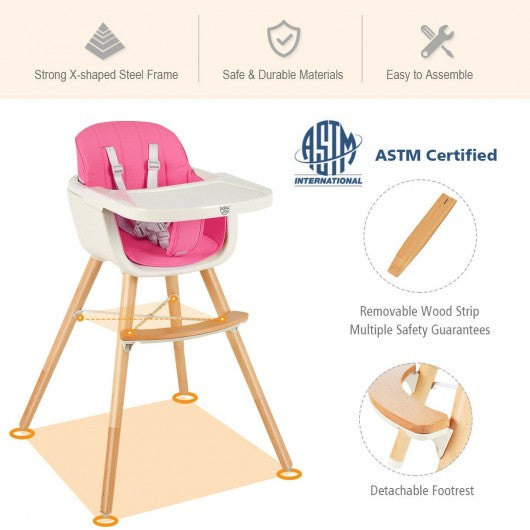 3 in 1 Convertible Wooden High Chair with Cushion-Pink