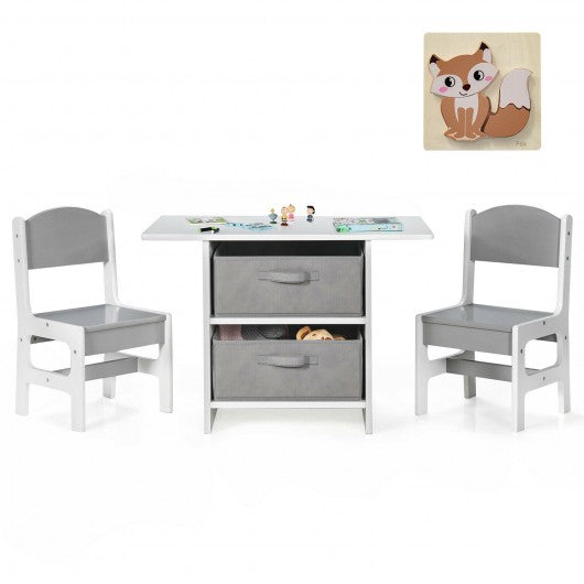 Kids Art Play Wood Table and 2 Chairs Set with Storage Baskets Puzzle