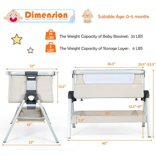 Baby Bassinet Bedside Sleeper with Storage Basket and Wheel for Newborn-Beige