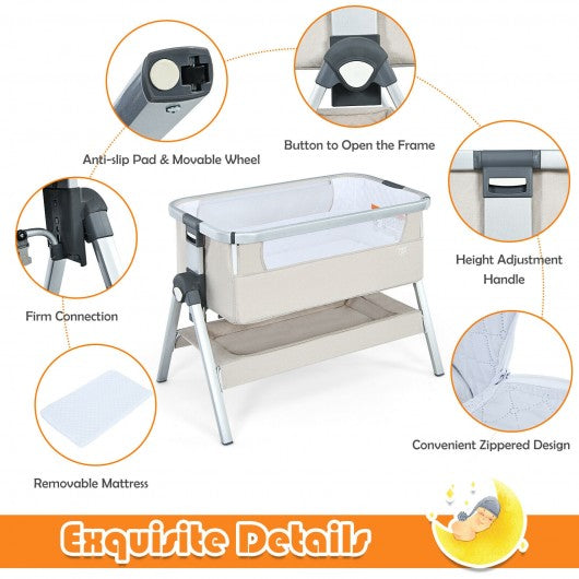 Baby Bassinet Bedside Sleeper with Storage Basket and Wheel for Newborn-Beige