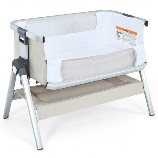 Baby Bassinet Bedside Sleeper with Storage Basket and Wheel for Newborn-Beige