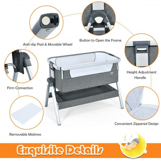 Baby Bassinet Bedside Sleeper with Storage Basket and Wheel for Newborn-Gray