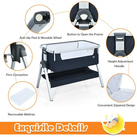 Baby Bassinet Bedside Sleeper with Storage Basket and Wheel for Newborn-Navy