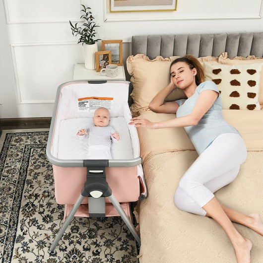 Baby Bassinet Bedside Sleeper with Storage Basket and Wheel for Newborn-Pink