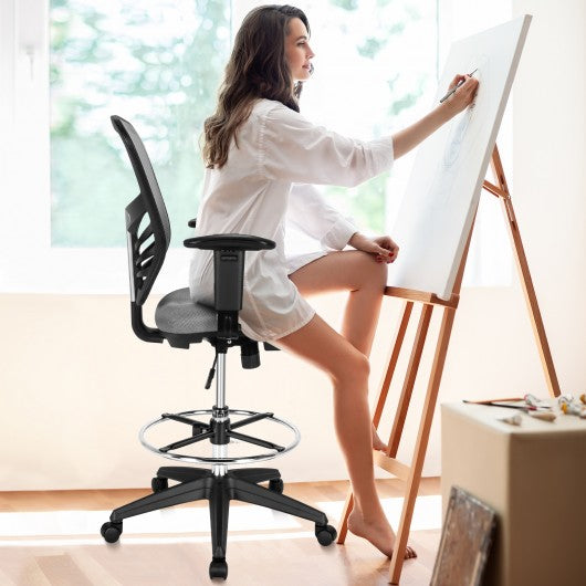 Mesh Drafting Chair Office Chair with Adjustable Armrests and Foot-Ring-Gray