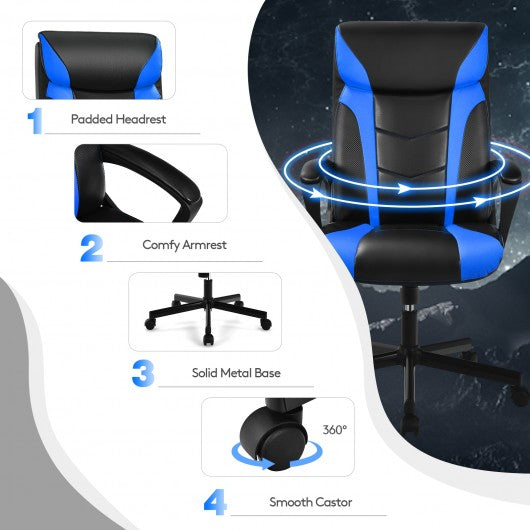 Swivel PU Leather Office Gaming Chair with Padded Armrest-Blue