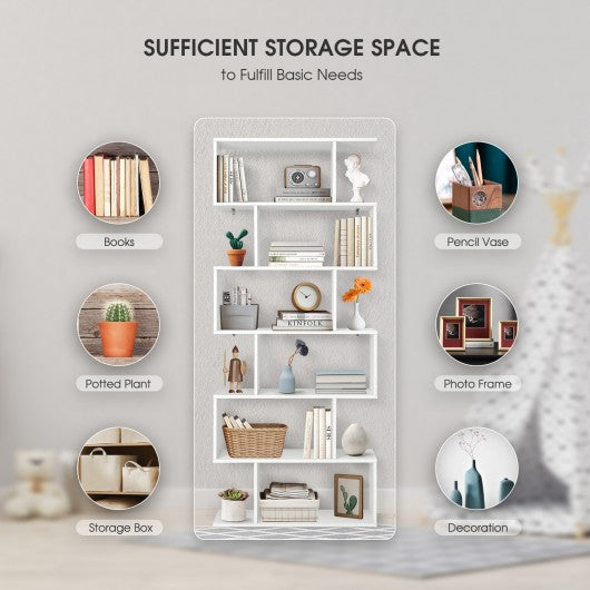 6 Tier S-Shaped Bookshelf Storage Display Bookcase Decor Z-Shelf -White
