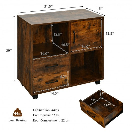 Mobile File Cabinet with Lateral Printer Stand and Storage Shelves -Brown