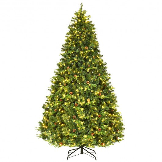 Flocked Artificial Christmas Tree with LED Lights and Pine Cones-8'