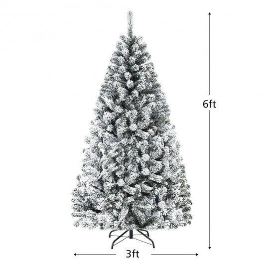 6 Feet Artificial Snow Decorated Flocked Hinged Christmas Tree with Metal Stand