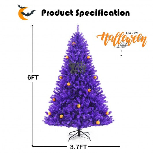 Artificial Prelit Purple Halloween Tree with Orange Lights and Pumpkin Ornaments-6'