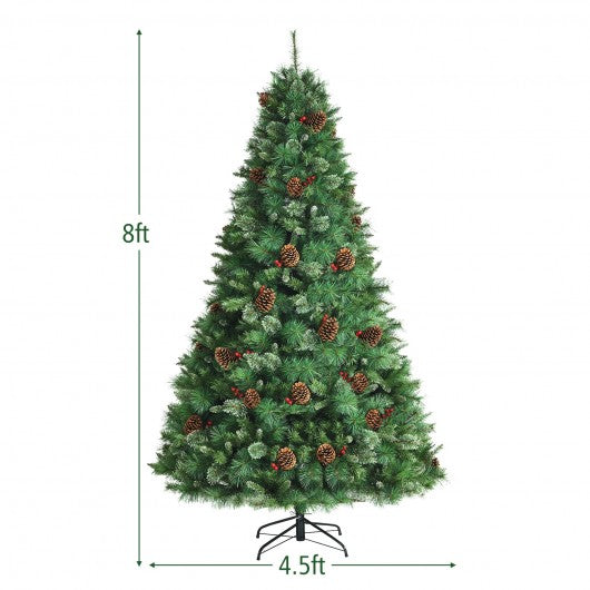 8 Feet Unlit Hinged PVC Artificial Christmas Pine Tree with Red Berries