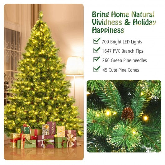 Pre-lit Hinged Christmas Tree wth Glitter Tips and Pine Cones-8 ft