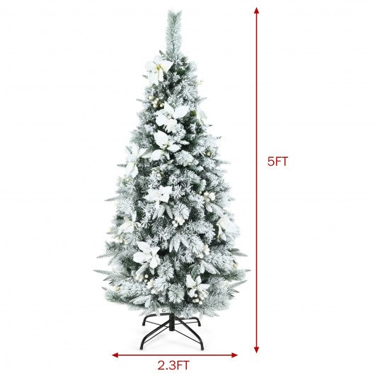 Snow Flocked Christmas Pencil Tree with Berries and Poinsettia Flowers-5 ft