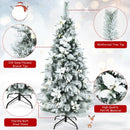 Snow Flocked Christmas Pencil Tree with Berries and Poinsettia Flowers-5 ft