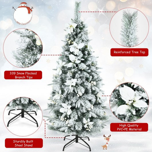 Snow Flocked Christmas Pencil Tree with Berries and Poinsettia Flowers-5 ft