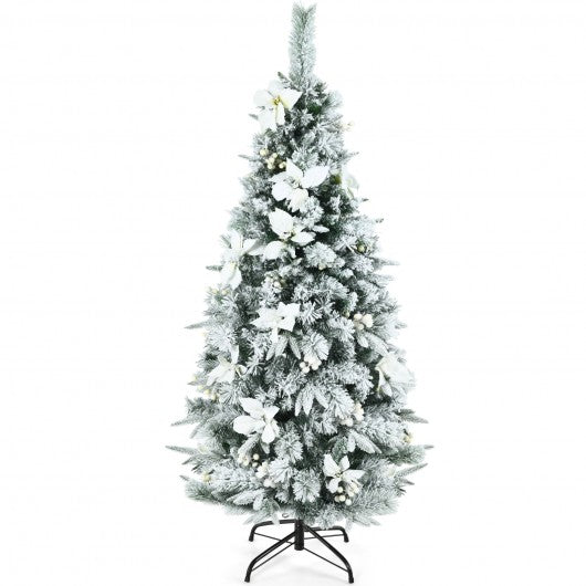 Snow Flocked Christmas Pencil Tree with Berries and Poinsettia Flowers-5 ft