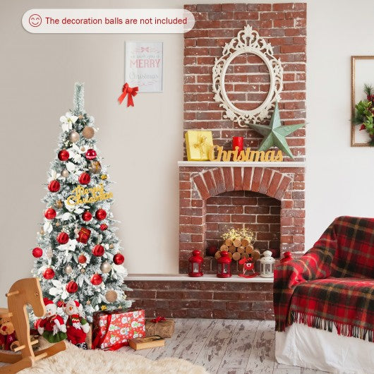 Snow Flocked Christmas Pencil Tree with Berries and Poinsettia Flowers-6 ft