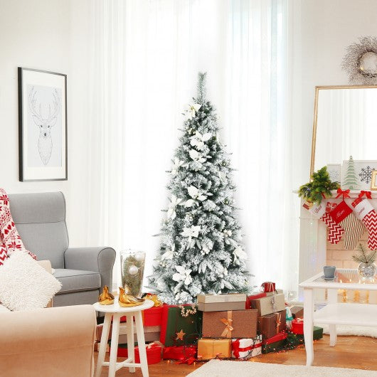 Snow Flocked Christmas Pencil Tree with Berries and Poinsettia Flowers-6 ft