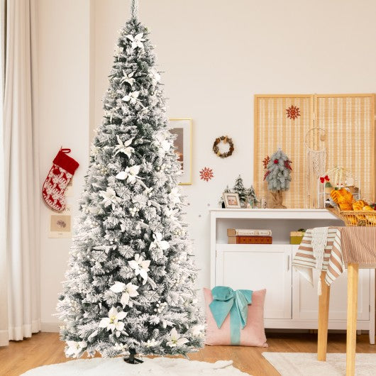 Snow Flocked Christmas Pencil Tree with Berries and Poinsettia Flowers- 8 ft