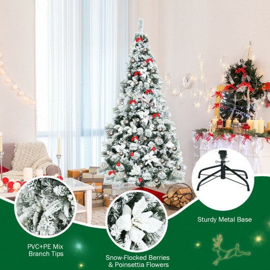 6 Feet Snow Flocked Hinged Christmas Tree with Berries and Poinsettia Flowers