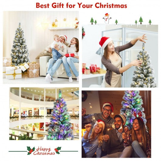 5 Feet Pre-Lit Hinged Christmas Tree Snow Flocked with 9 Modes Remote Control Lights
