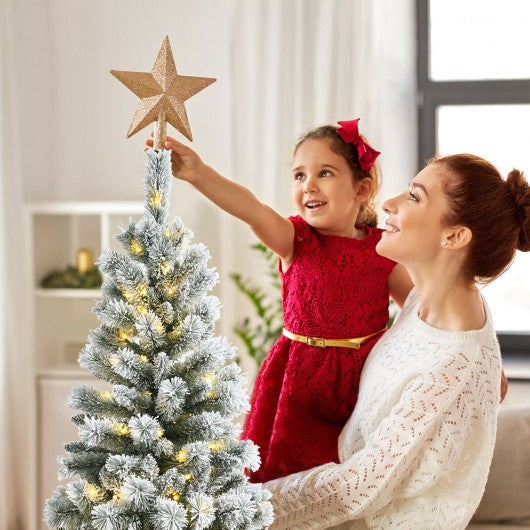 5 Feet Pre-Lit Hinged Christmas Tree Snow Flocked with 9 Modes Remote Control Lights